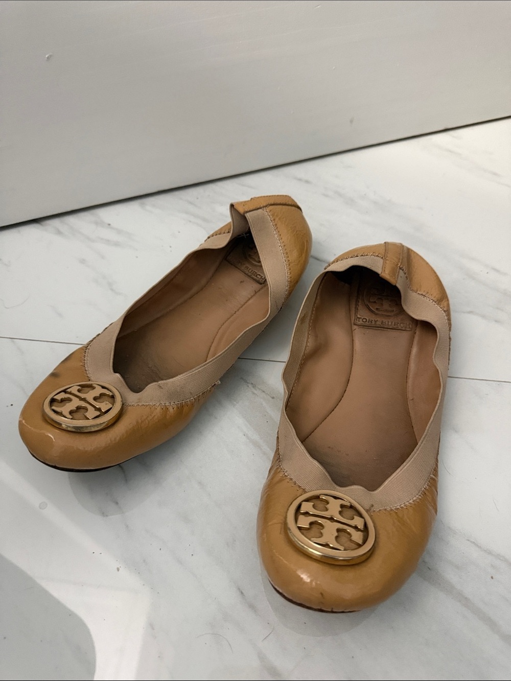 Tory Burch Tan Leather Logo Ballet Flats with Gold Emblem
